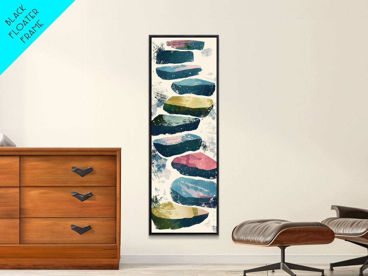 Skinny Art Tall Art Framed Canvas Print Abstract Stepping Stones In Varied Colors Over A Neutral Background Ukiyo-e Japanese Style Art