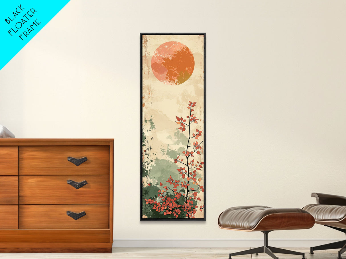 Abstract Sun Over Branch With Red Leaves Framed Canvas Print Ukiyo-e Wall Art Tall Art Wood Block Print Skinny Art Japanese Style