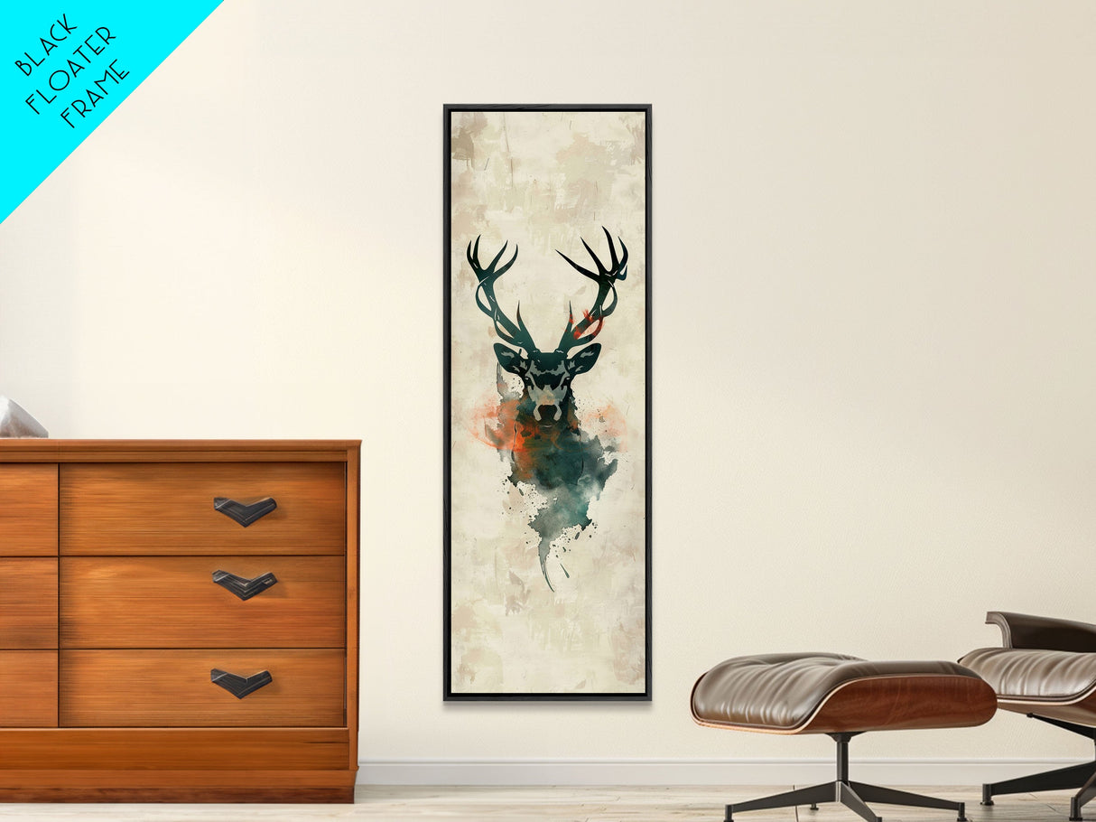 Stag Silhouette Japanese Style Tall Wall Art Skinny Framed Canvas Print Abstract Background