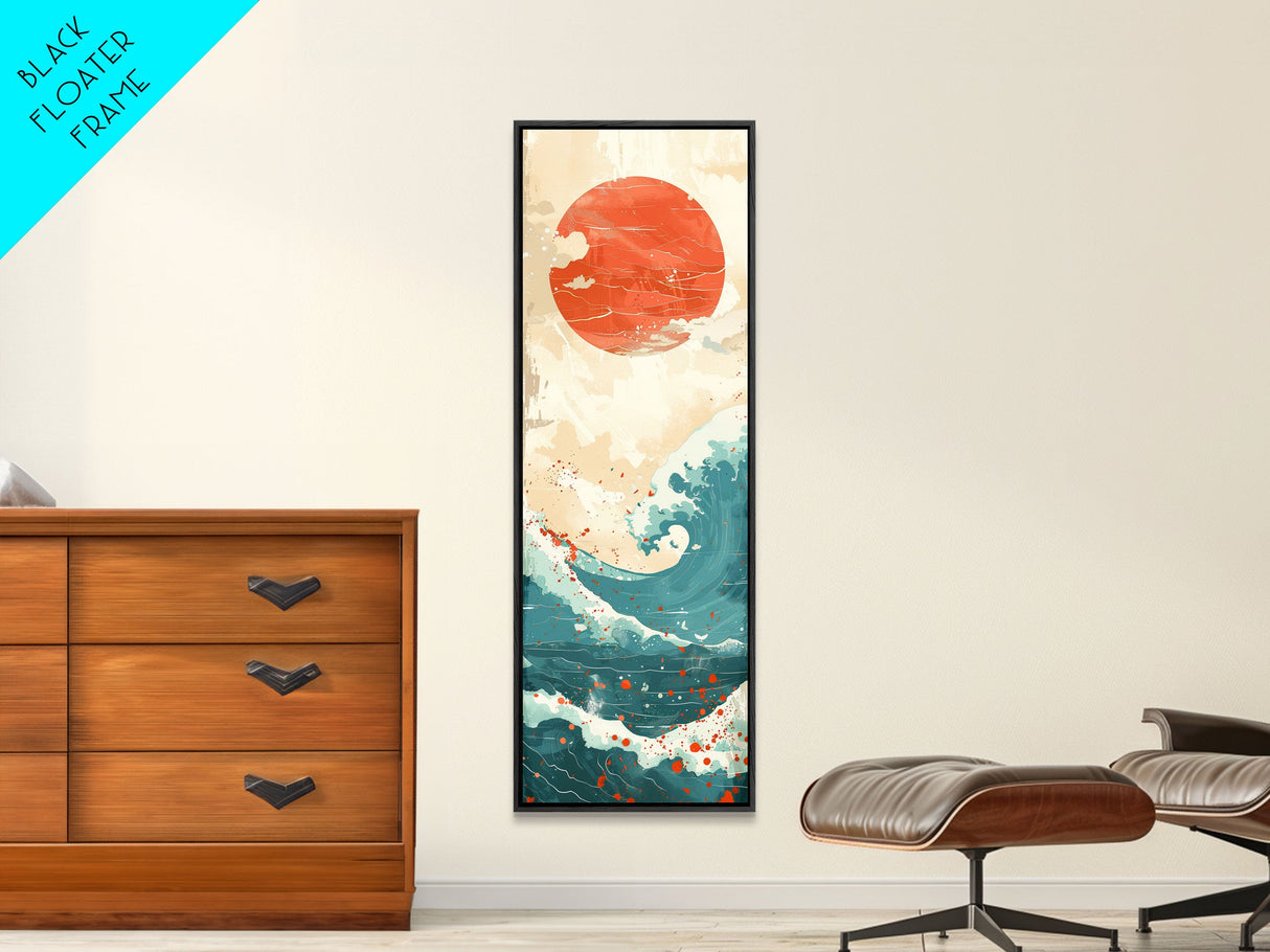 Red Sun and Ocean Waves Skinny Wall Art Framed Canvas Print in Cream and Teal Tones with Red Splashes Japanese Art