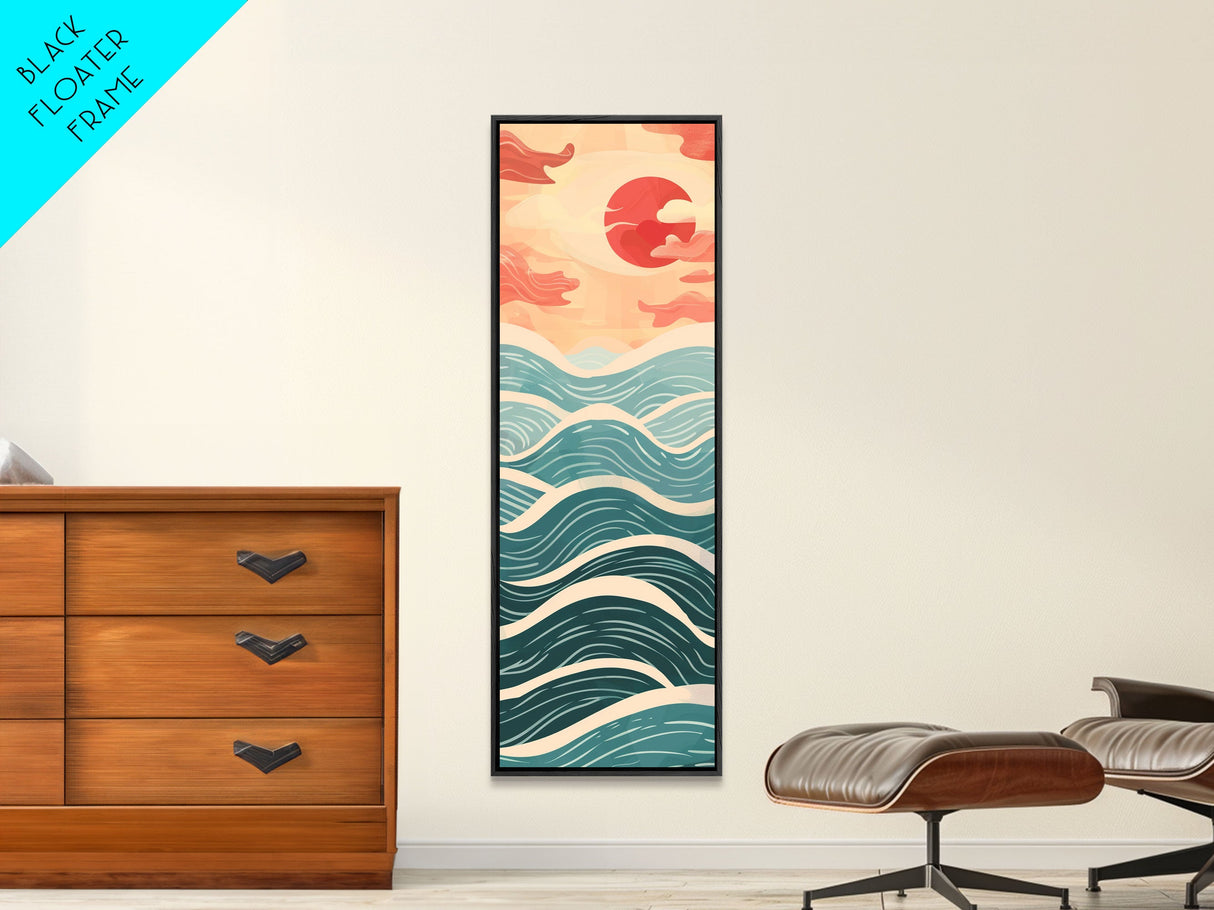 Ocean Waves and Red Sun Japanese Art Skinny Wall Art Framed Canvas Print in Minimalist Style with Dynamic Flowing Waves