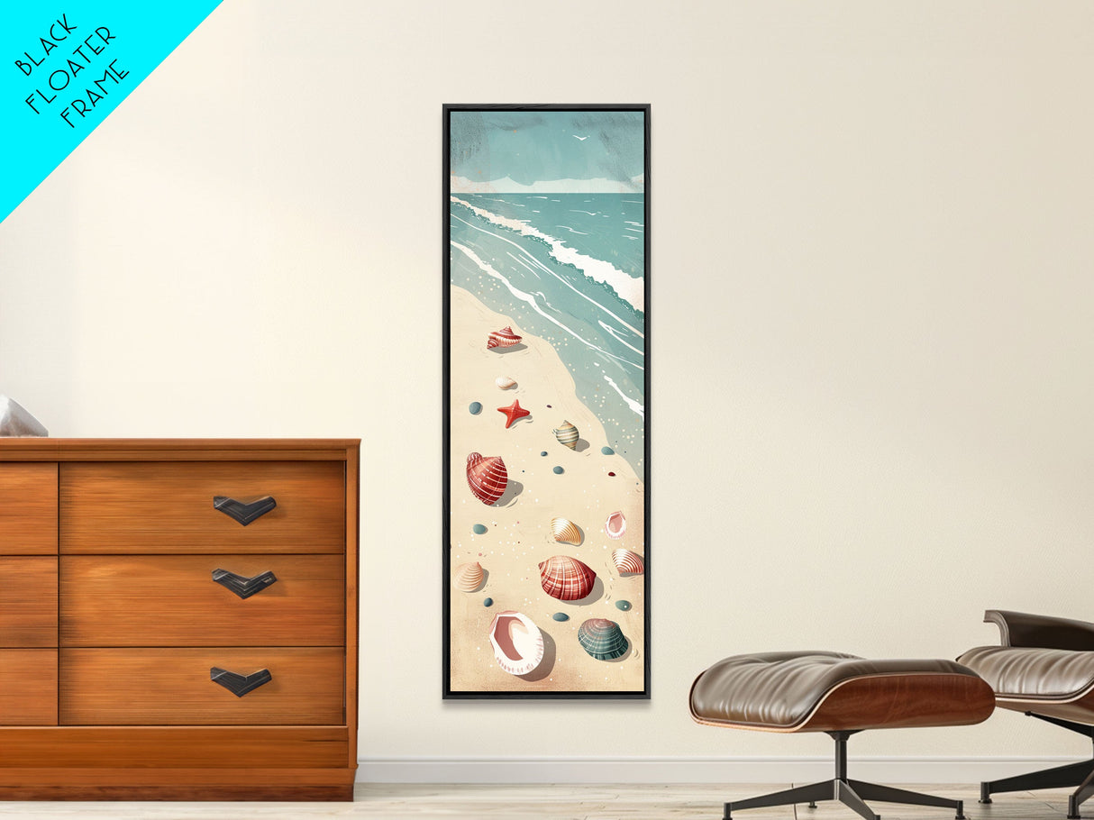 Japanese Style Art Featuring A Serene Beach Scene With Seashells And Gentle Waves, Skinny Art, Tall Art, Ukiyo-e Art, Framed Canvas Print, Wood Block Print