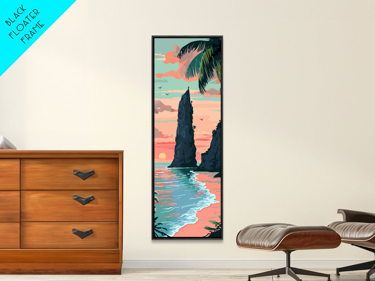 Towering Coastal Rock Formation During Sunset With Palm Trees For Serene Beach Wall Art Japanese Style Framed Canvas Print