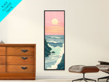 Tranquil Ocean Sunset with Soft Waves Crashing against Rocky Shoreline - Skinny Art, Japanese Wall Decor, Framed Canvas Print, Ukiyo-e Style