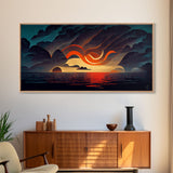 Abstract art deco sunset canvas print, sunset over the vast ocean, living room art