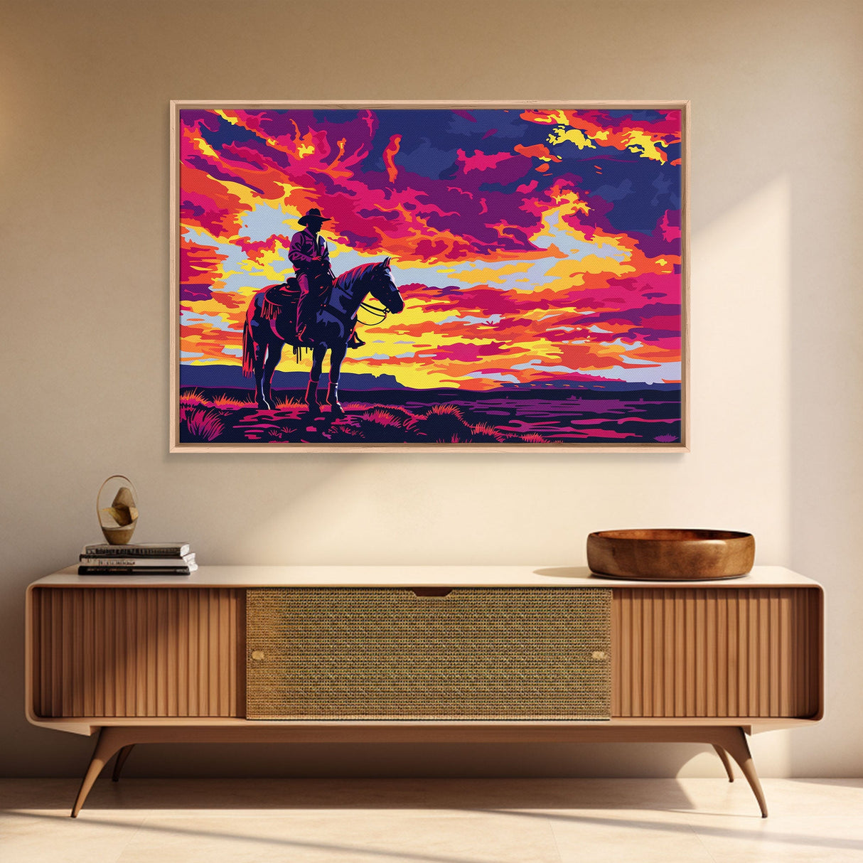 Pop Art Sunset Cowboy Painting Framed Canvas Print, Wild West Wall Art, Cowboy Print, Western Decor, Kitsch Whimsical Art