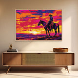 Wild West Cowboy At Sunset Framed Canvas Print, Pop Art, Watercolor Painting, Room Decor Western Aesthetic