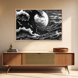 Ocean Wave Wall Art Framed Canvas Print, Unique Wall Art, Hokusai Inspired Japanese Style Wall Art, Oversized Art Ocean Print, Retro Art