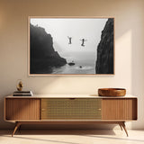 The Dive - Fine Art Black and White Print - Wood Framed Canvas or Metal Print - Cliff Diving In The Ocean - Lifestyle Minimalist Home Decor