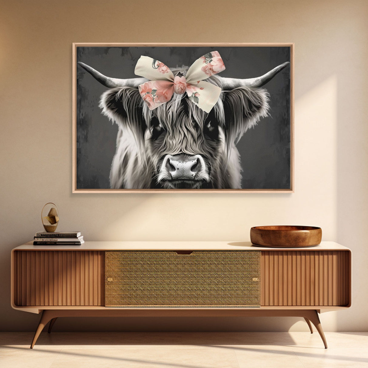 Rustic Framed Wall Art, Cute Cow Canvas Print, Highland Cow Canvas Wall Art, Cow Farm Animal Print, Scottish Cow, Extra Large Wall Art