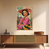 Western Portrait of a Latina Cowgirl with Cactus Background - Framed Canvas Print, Southwest Living Room Art Rustic Bedroom Decor, Retro Art