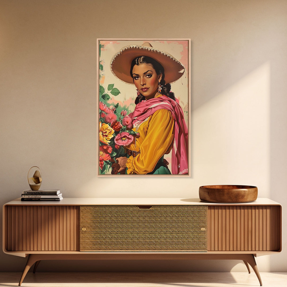 Western Woman Holding Flowers - Framed Canvas Print, Traditional Living Room Art, Colorful Bedroom Decor, Folk Art, Wall Art