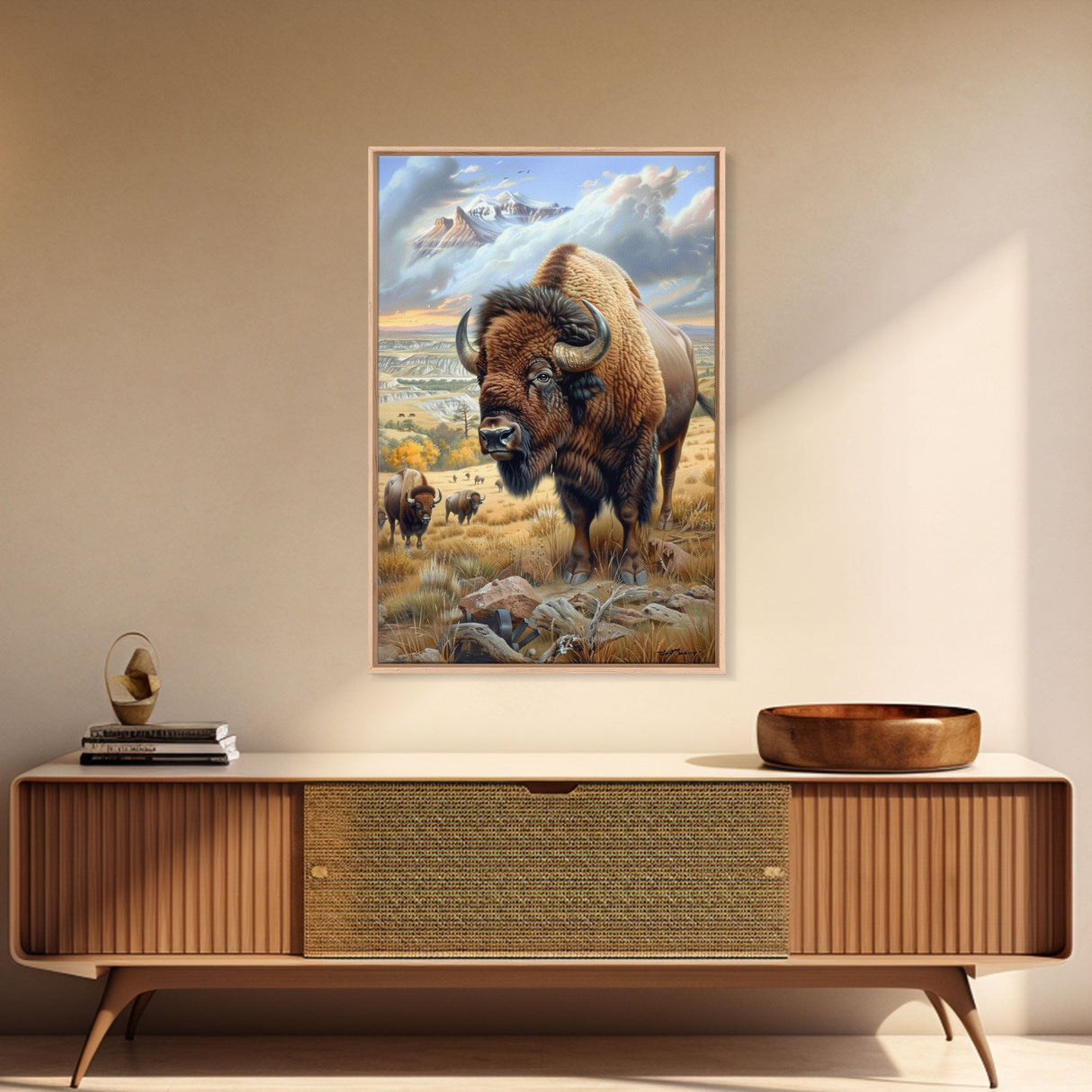 Majestic Bison in Mountain Landscape - Framed Canvas Print, Western Wildlife Art, Bison Wall Art for Rustic Home Decor