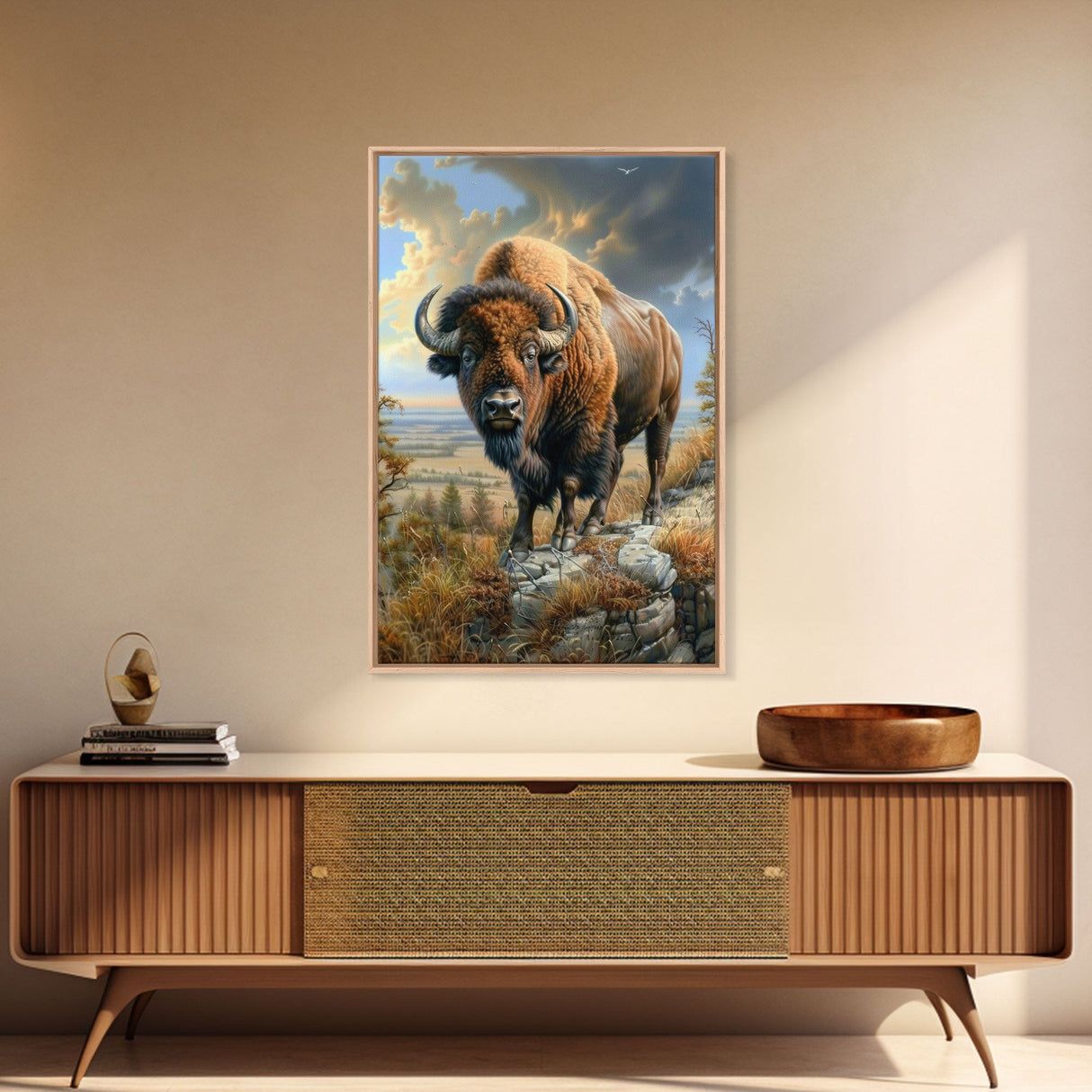 Powerful Bison in Prairie Landscape - Framed Canvas Print, Western Wildlife Wall Art, Bison Decor for Living Room and Bedroom