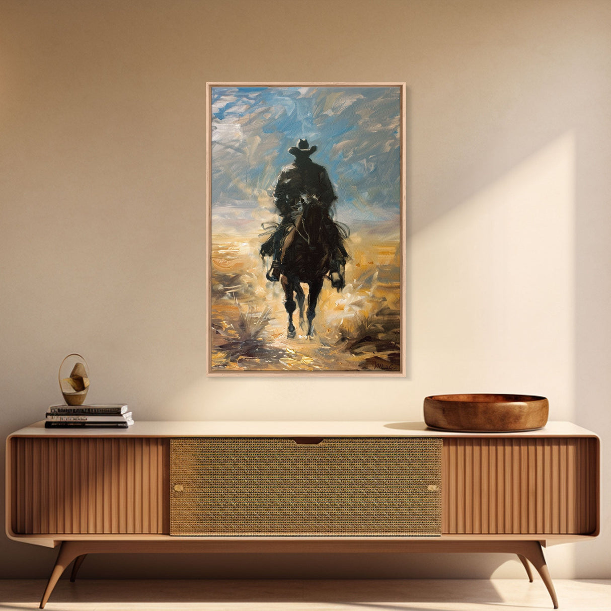 Lone Cowboy Riding into Sunset - Framed Canvas Print, Western Art, Living Room Decor, Cowboy Art for Bedroom, Rustic Wall Art