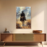 Lone Cowboy on Horse in Wilderness - Framed Canvas Print, Western Art, Rustic Decor, Living Room Wall Art, Cowboy Themed Art