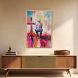 Abstract Cowboy with Cross in Bold Hues - Framed Canvas Print, Modern Western Decor, Vibrant Cowboy Wall Art for Living Room or Bedroom