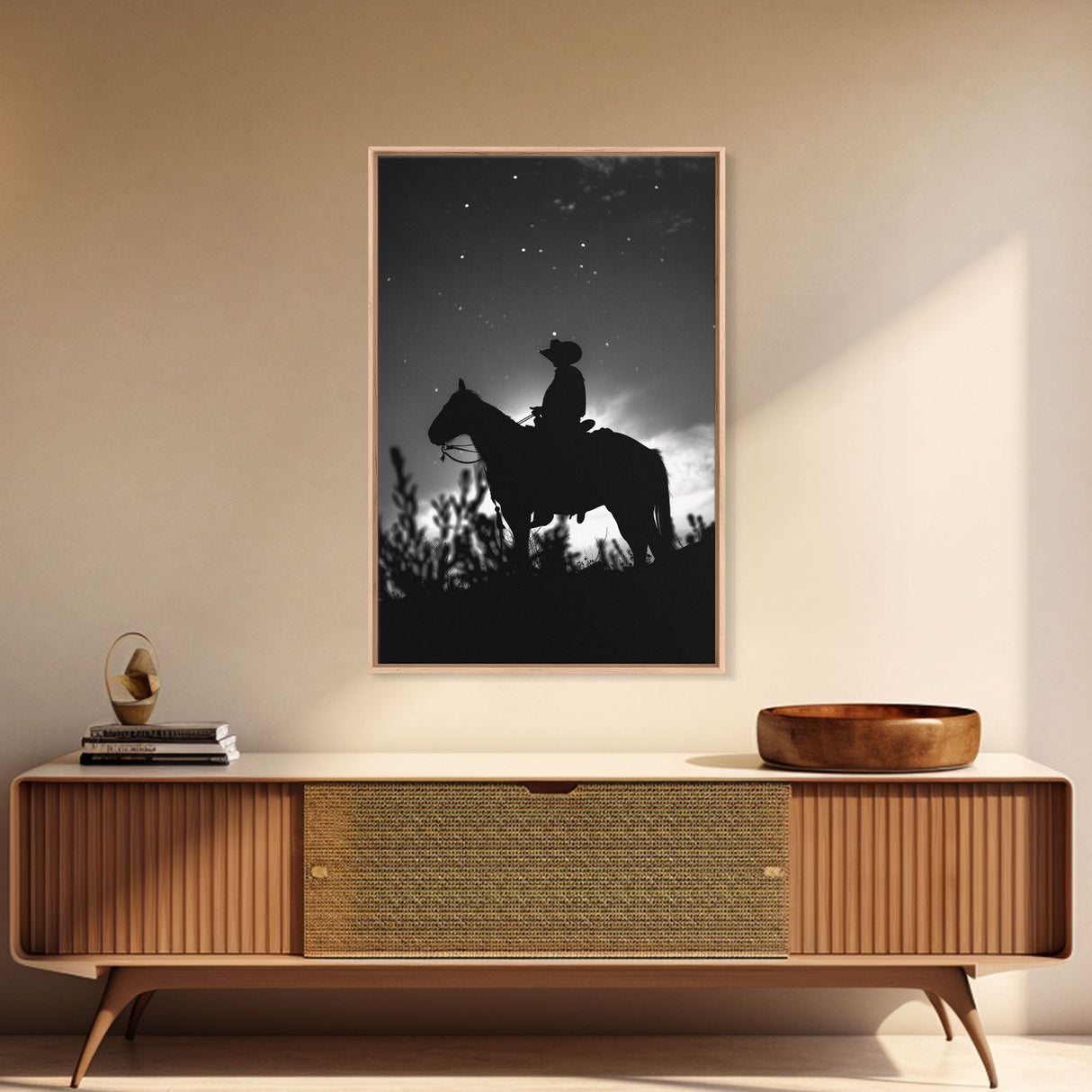 Silhouette of a Cowboy on Horseback under a Starry Night Sky for Western Wall Art, Canvas Prints, Home Decor, Living Room Art, Bedroom Art