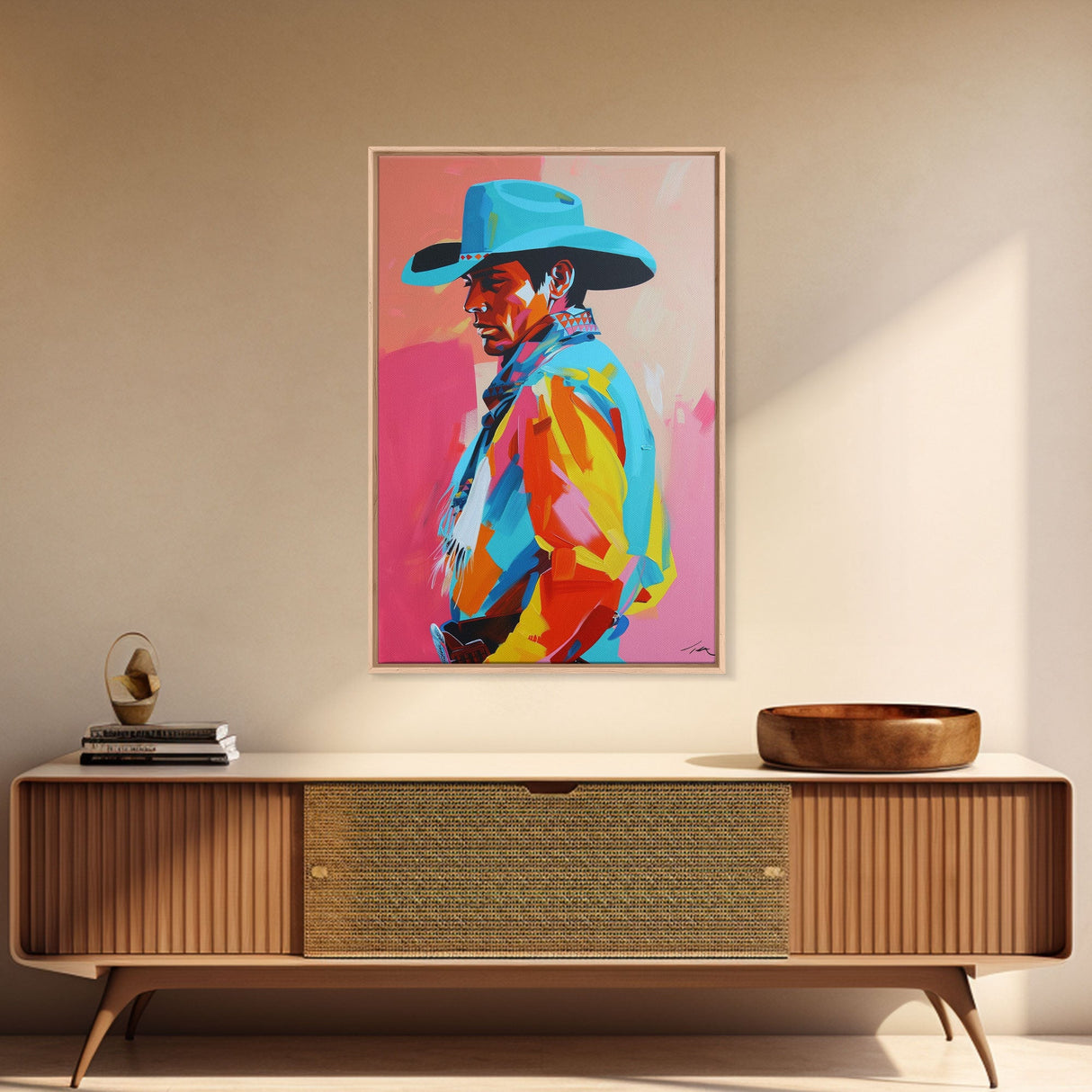 Profile of Stylish Cowboy in Hat - Framed Canvas Print, Colorful Western Art, Bold Cowboy Wall Art for Living Room