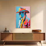 Pop Art Cowboy with Sunglasses - Framed Canvas Print, Bright Western Art, Contemporary Cowboy Wall Art for Bedroom Decor