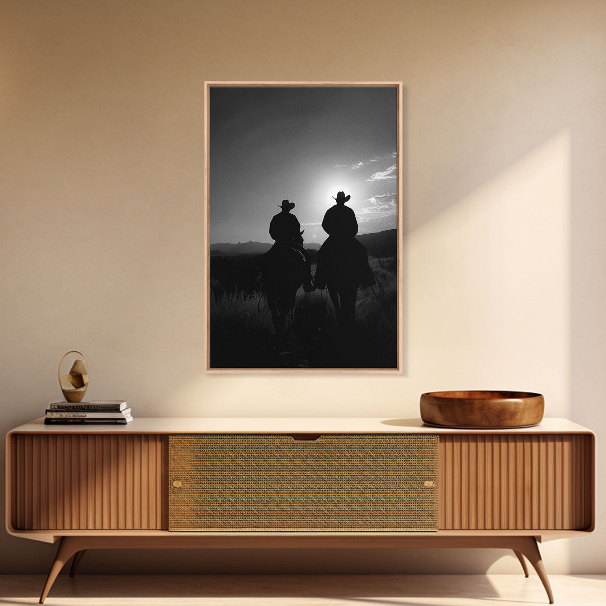 Silhouetted Cowboys on Horseback Riding into the Sunset for Western Wall Art, Canvas Prints, Home Decor, Living Room Art, Bedroom Art