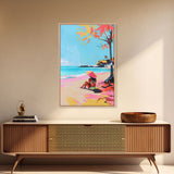 Woman Relaxing on the Beach Under a Parasol - Framed Canvas Print, Summer Vibes Wall Art, Relaxation Decor for Bedroom