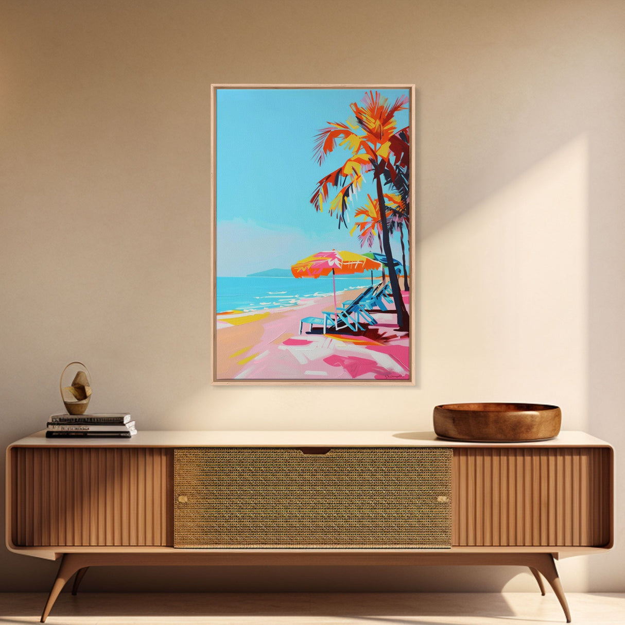 Palm Trees and Sun Loungers on Tropical Beach - Framed Canvas Print, Vacation Paradise Art, Beach Decor for Living Room