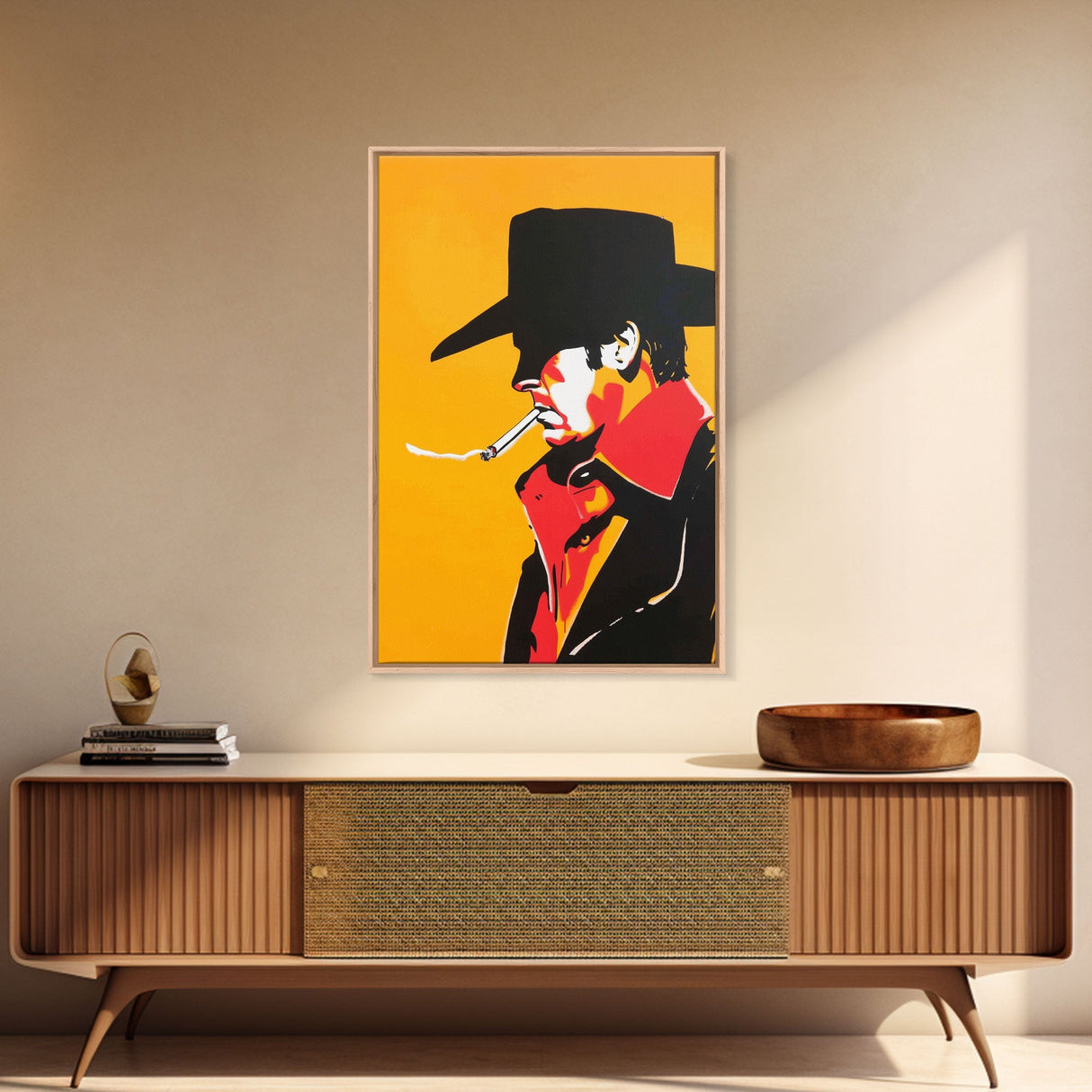 Mysterious Cowboy Smoking Cigarette - Framed Canvas Print, Western Pop Art, Bold Wall Art for Living Room or Bar