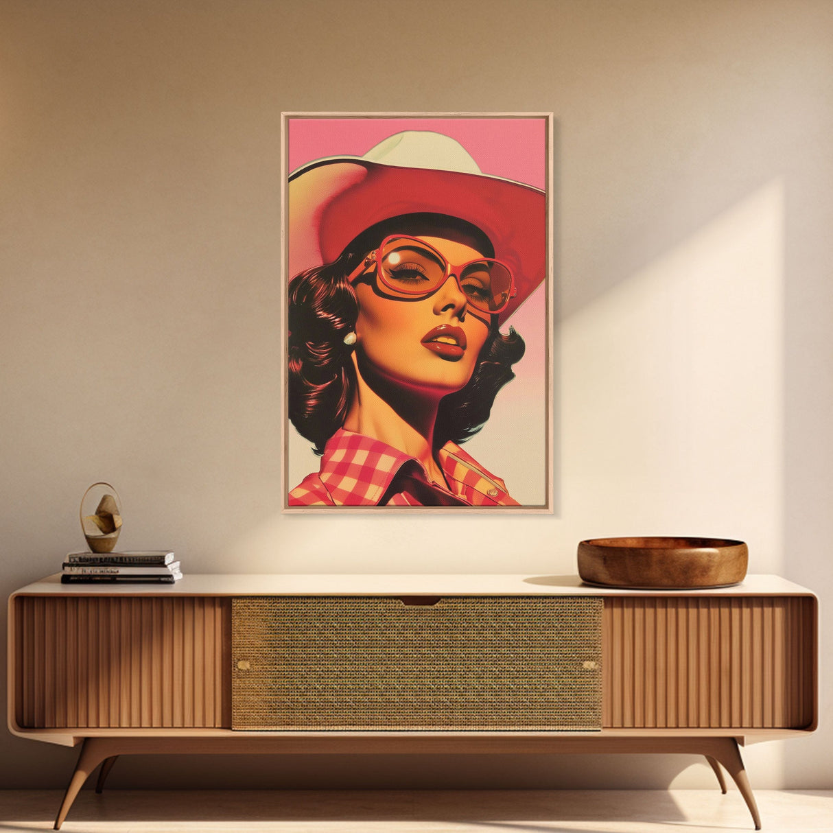 Stylish Cowgirl with Sunglasses | Framed Canvas Print | Western Wall Art | Living Room Decor | Rustic Home Decor