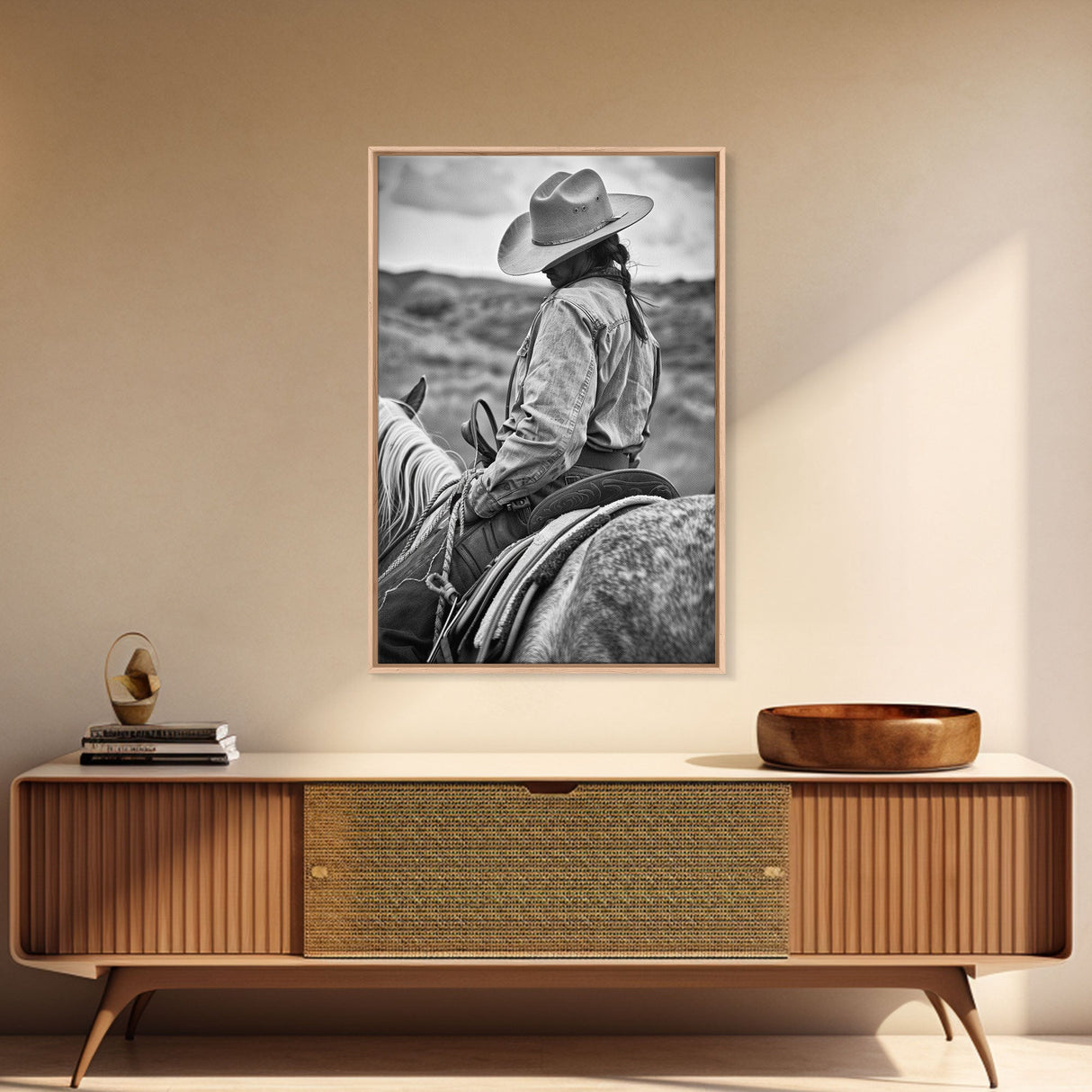 Lone cowboy riding a horse through rugged landscape, classic Western decor black and white photography, Framed Canvas Print, rustic home art