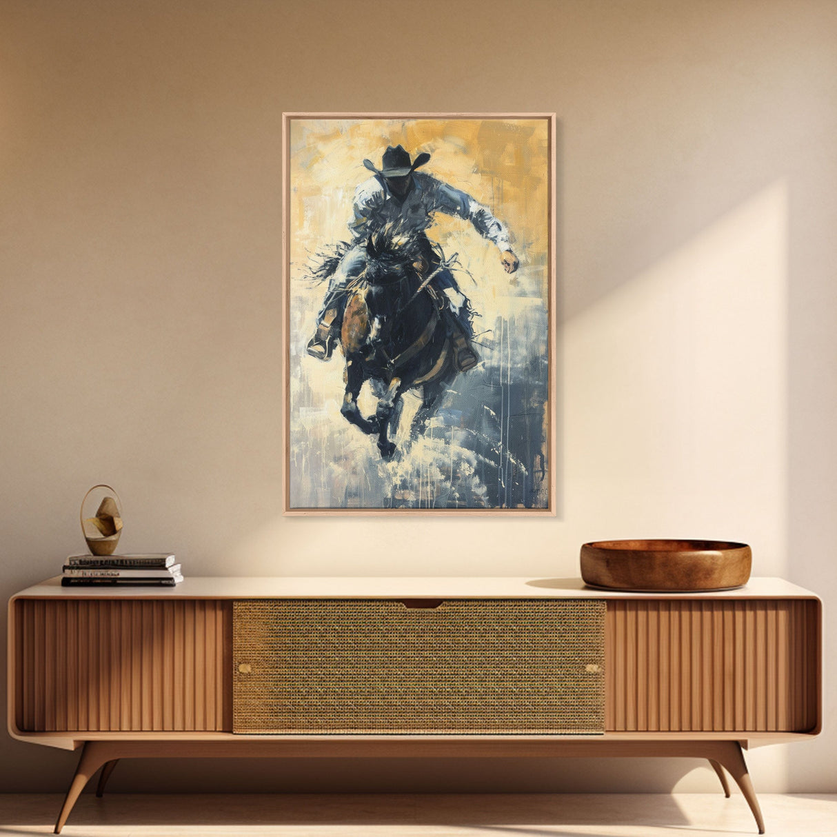 Western Cowboy Riding a Bucking Horse - Framed Canvas Print, Cowboy Wall Art, Rustic Decor, Living Room and Bedroom Art Print