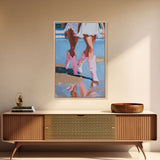 Two women wearing pink cowboy boots walking on the beach, reflections in sand Framed Canvas Print - beach decor, fashion art, summer vibes