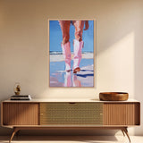 Woman wearing pink cowboy boots standing on the beach, vibrant pop art style Framed Canvas Print - beach fashion, coastal decor, summer art