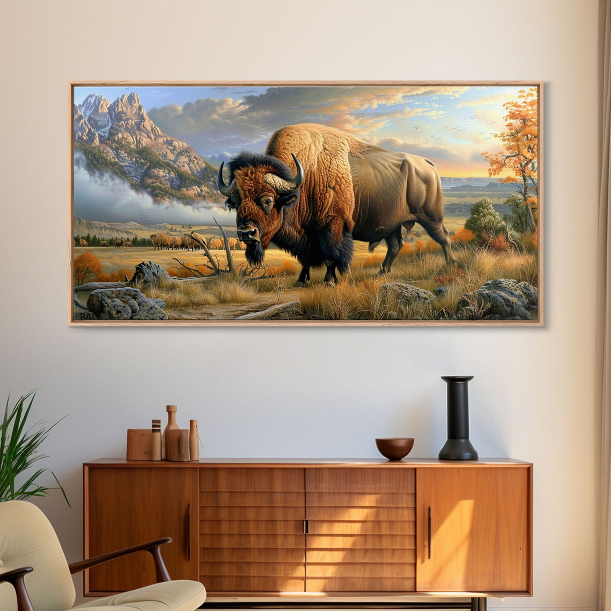 Majestic Bison in Autumn Landscape, Framed Canvas Print, Perfect for Living Room Art, Rustic Home Decor, Western Themed Bedroom Wall Art