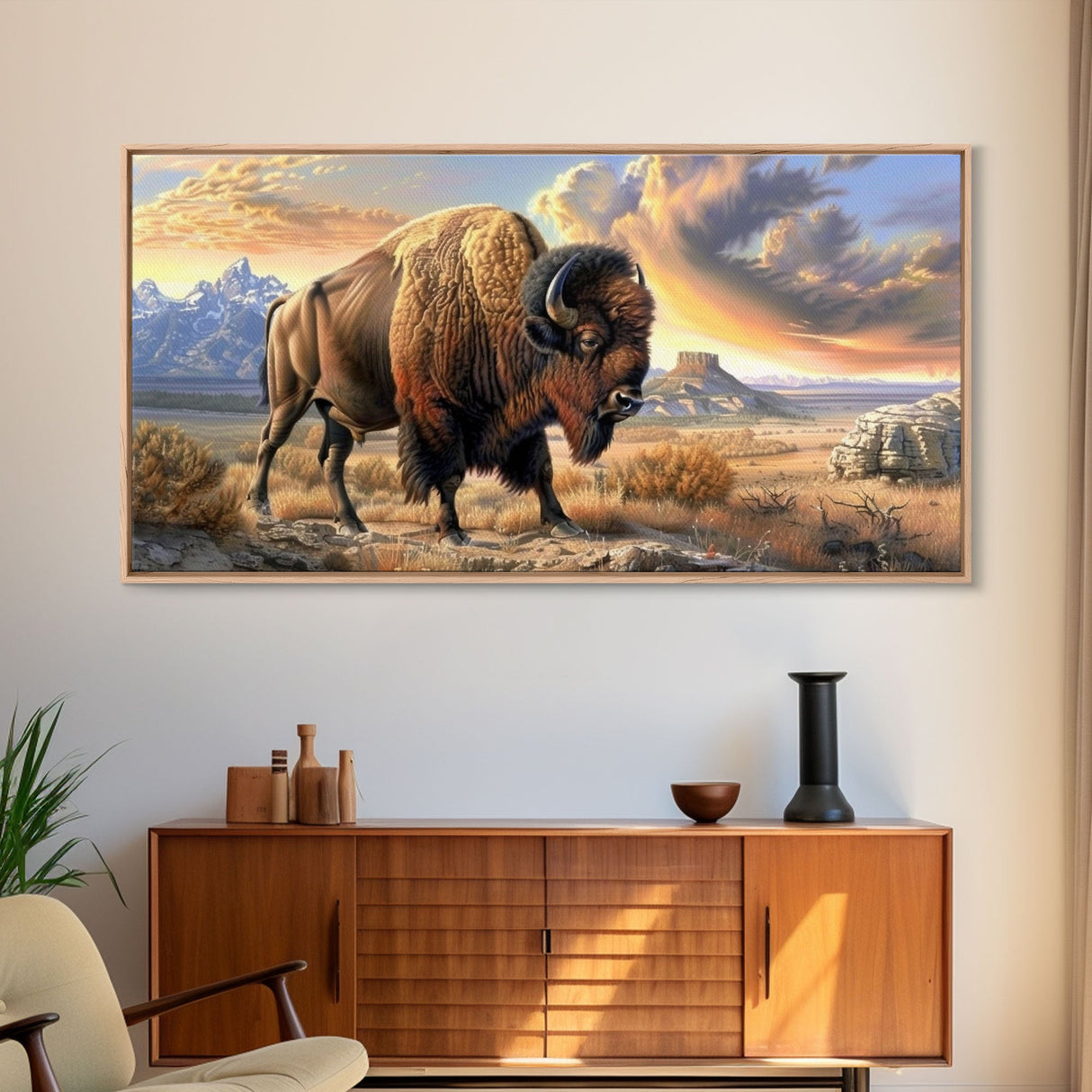 Lone Bison Roaming the Plains, Framed Canvas Print, Great for Living Room Art, Rustic Home Decor, Western Style Bedroom Wall Art