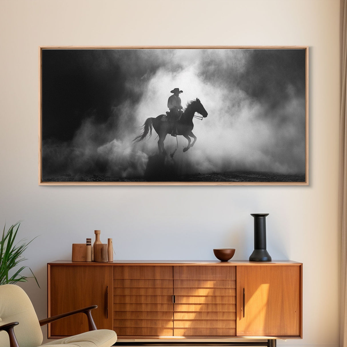 Silhouette of Cowboy on Horse in Dusty Arena, Framed Canvas Print for Western Style Home, Perfect Living Room Decor, Art for Bedroom