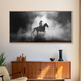 Silhouette of Cowboy on Horse in Dusty Arena, Framed Canvas Print for Western Style Home, Perfect Living Room Decor, Art for Bedroom