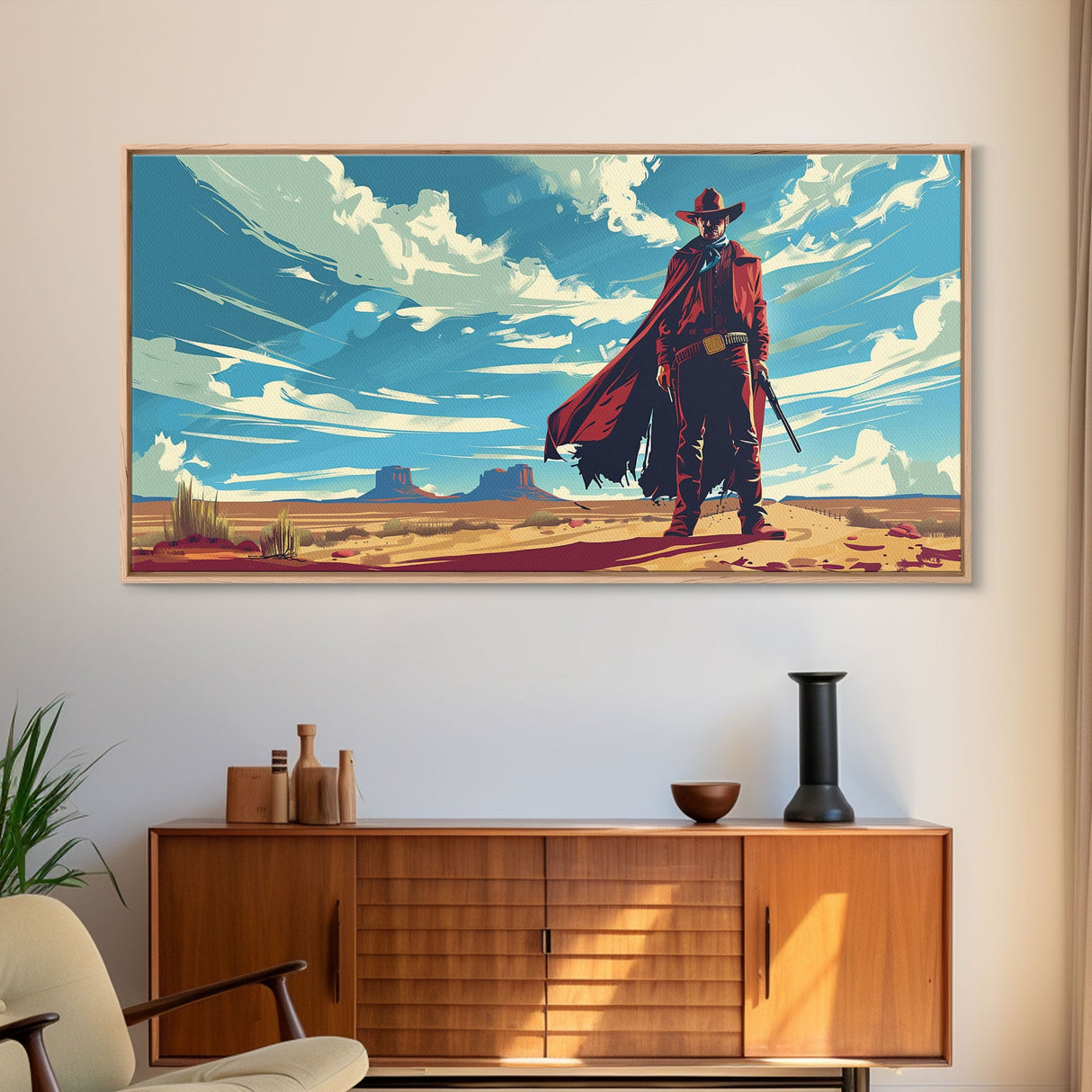 Lone Cowboy in Expansive Desert Landscape, Stunning Wall Art, Framed Canvas Print, Boho Living Room Decor, Western Home Decoration