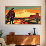 Abstract Cowboy in Desert Sunset Scene, Boho Bedroom Art, Framed Canvas Print, Modern Living Room Decoration, Rustic Wall Art