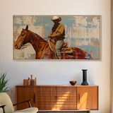 Minimalist Cowboy in Desert Scene, Boho Bedroom Art, Framed Canvas Print, Rustic Living Room Decoration, Western Wall Art