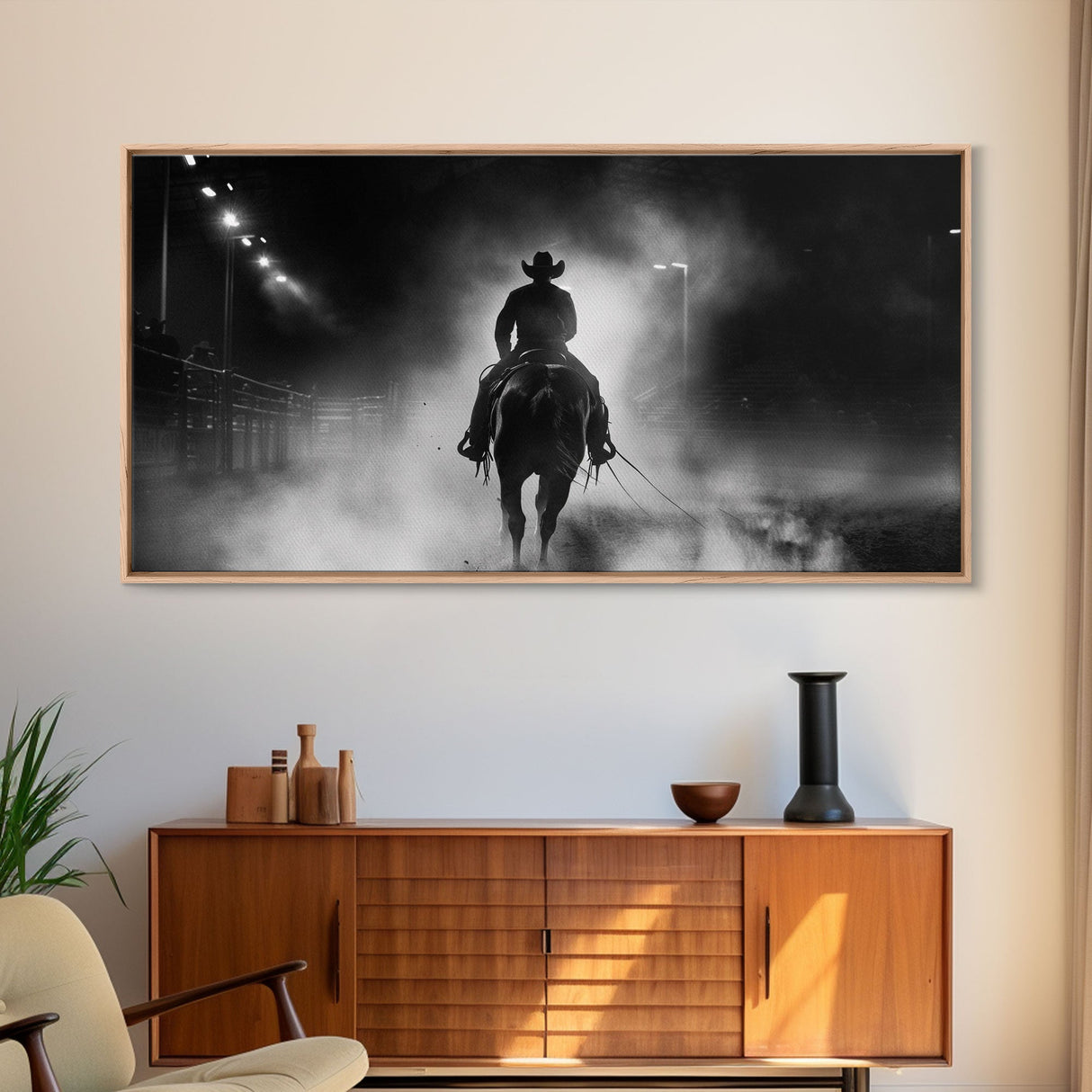 Mysterious Cowboy Riding Through Smoke at Night, Framed Canvas Print for Living Room, Ideal Western Bedroom Decor, Wall Art