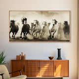 Majestic Running Horses in Dusty Field, Framed Canvas Print, Western Wall Art, Living Room Decor, Nature Scene, Horse Art