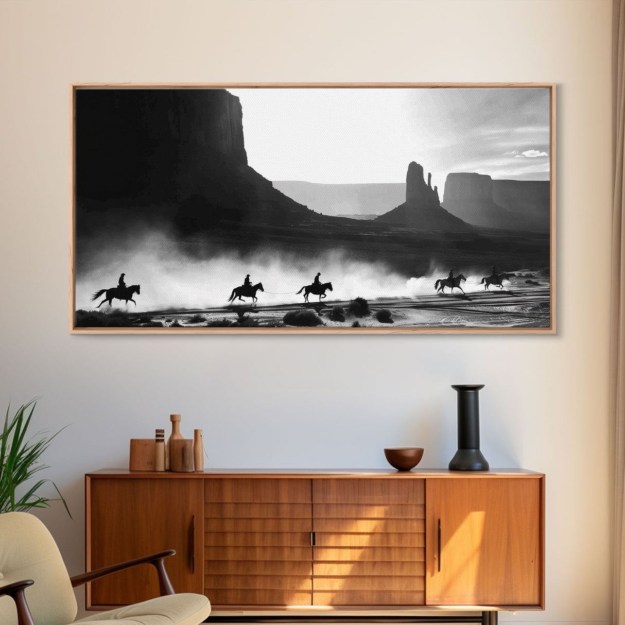 Western Riders Traversing Desert Valley, Captivating Framed Canvas Print, Wall Art for Living Room or Bedroom, Unique Decor