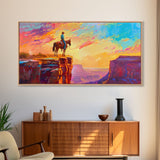 Lone Cowboy at Canyon Edge During Sunset, Farmhouse Style Framed Canvas Print for Bedroom Wall Art, Rustic Home Decor, Western Landscape