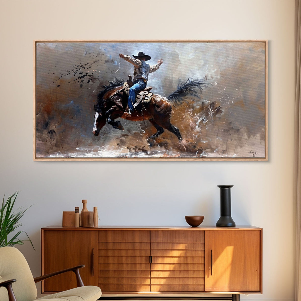 Rodeo Cowboy on Bucking Horse, Farmhouse Style Framed Canvas Print for Bedroom Wall Art, Rustic Home Decor, Western Action Art