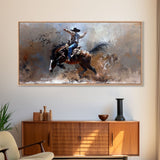 Rodeo Cowboy on Bucking Horse, Farmhouse Style Framed Canvas Print for Bedroom Wall Art, Rustic Home Decor, Western Action Art