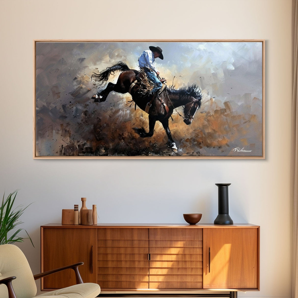 Wild Bronco Rider in Dusty Arena Scene, Stunning Framed Canvas Print, Ideal for Living Room Art, Western Bedroom Decor, Home Wall Art