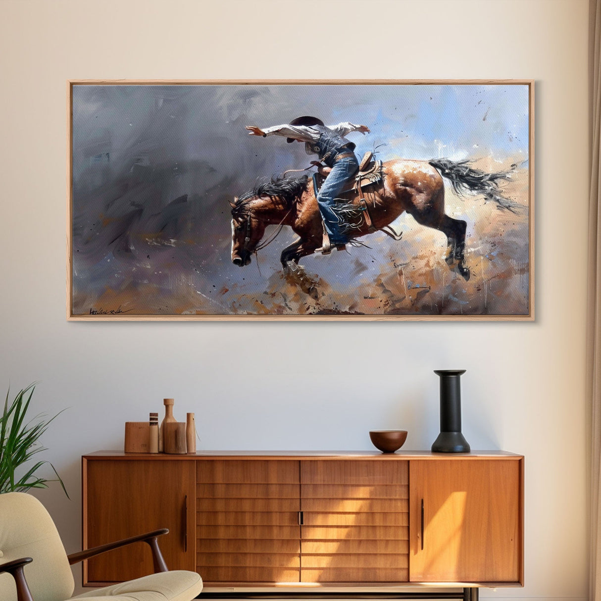 Powerful Rodeo Horse in Mid-Buck, Striking Framed Canvas Print, Perfect for Living Room Art, Western Bedroom Decor, Cowboy Wall Art