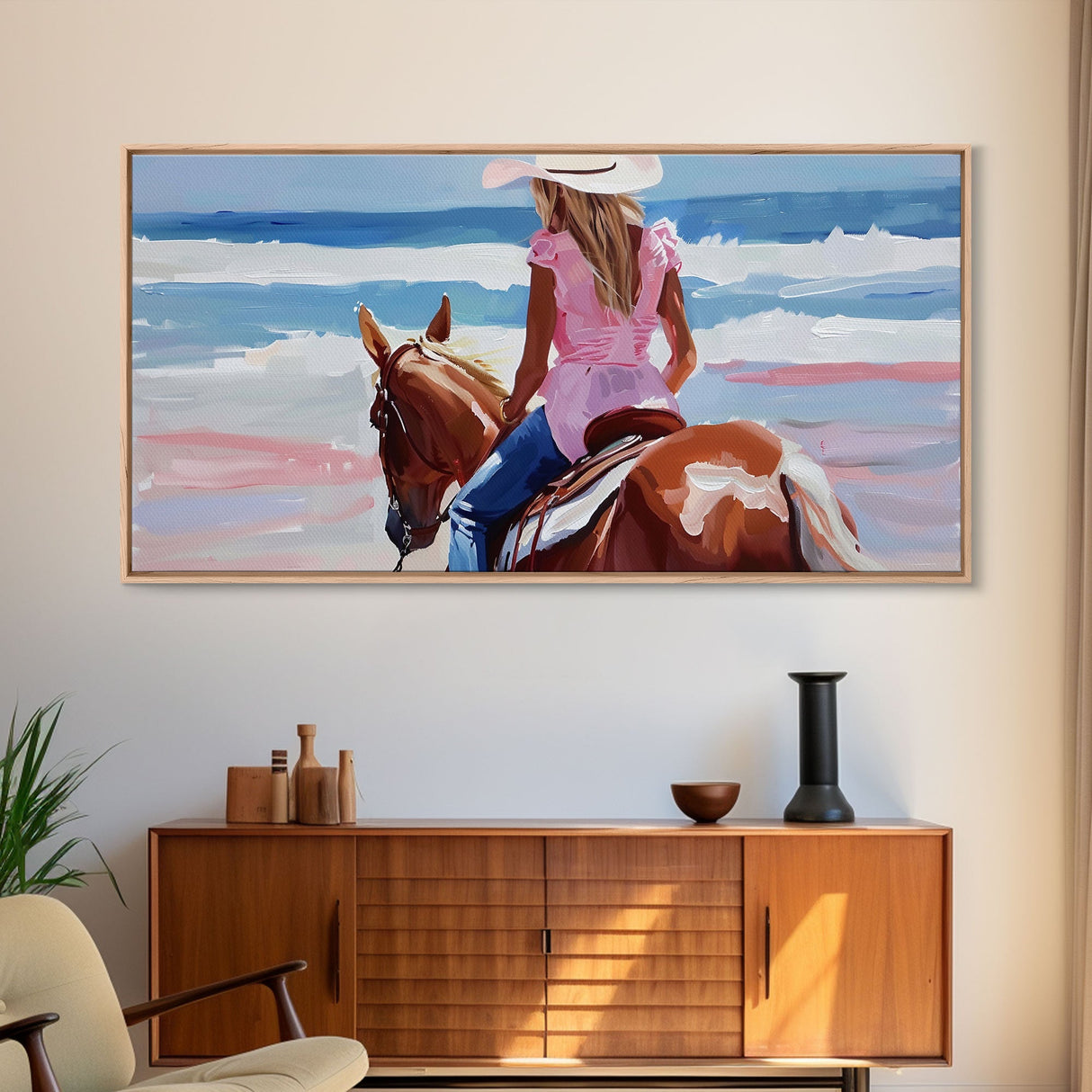 Cowgirl Riding Horse by the Ocean, Tranquil Framed Canvas Print, Perfect for Coastal Living Room Art, Beach Bedroom Decor, Horse Wall Art