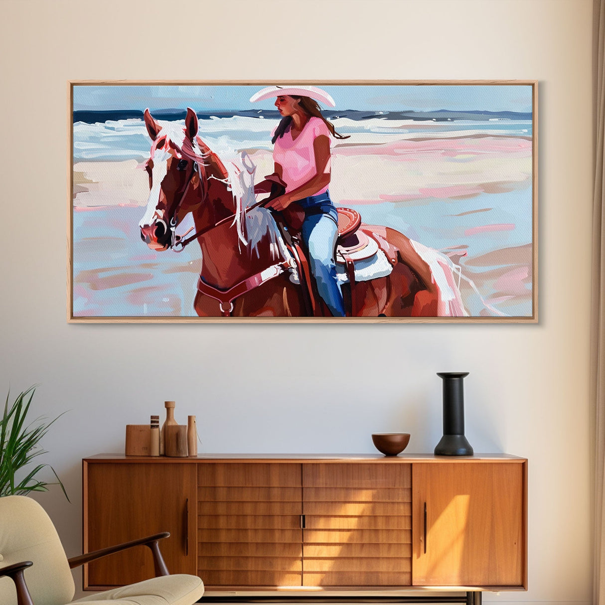 Cowgirl on Horse at the Beach, Stunning Framed Canvas Print, Ideal for Coastal Living Room Art, Beach Bedroom Decor, Equestrian Wall Art